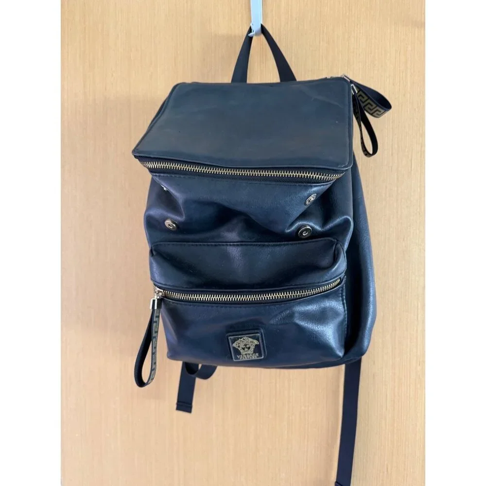 Versace Parfums Mens Faux Leather Black Backpack with Gold Details Modern
